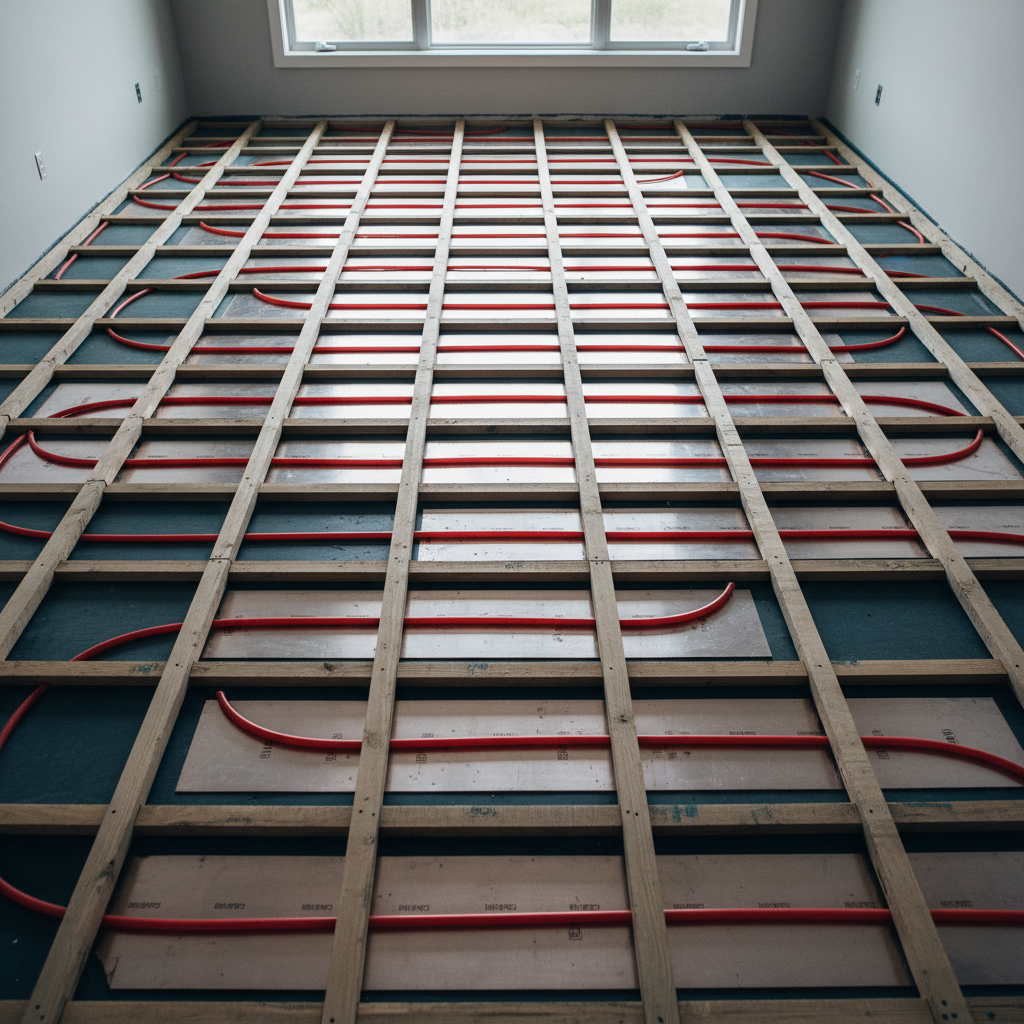 Room under construction with plywood sleeper strips laid over the subfloor, aluminum heat transfer plates set between the strips and red PEX tubing running in the channels