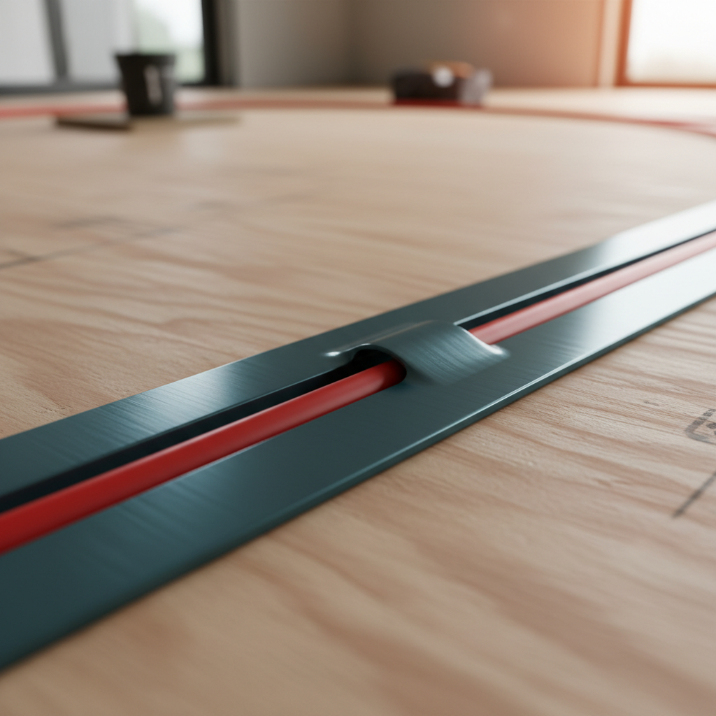Close view of an extruded aluminum heat transfer plate with a raised omega-shaped groove gripping a length of red PEX tubing on a plywood subfloor