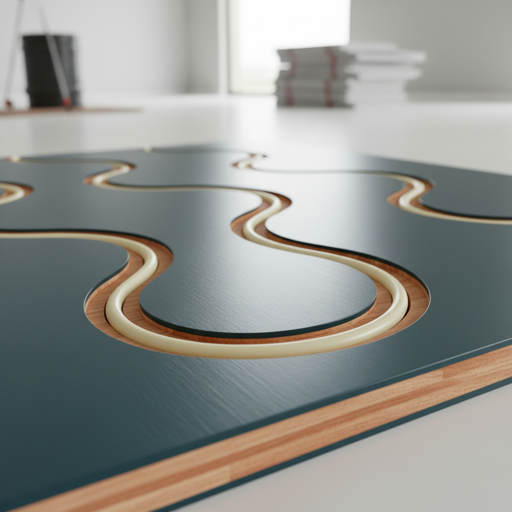 Prefabricated radiant panel with a routed serpentine groove and an aluminum facing, PEX tubing pressed into the groove and the wood core visible at the panel edge