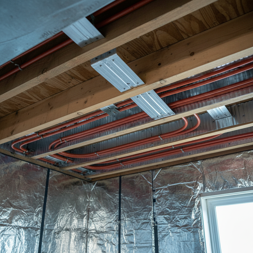 View up between floor joists at aluminum heat transfer plates and PEX loops fastened under the subfloor, with foil-faced insulation fitted below