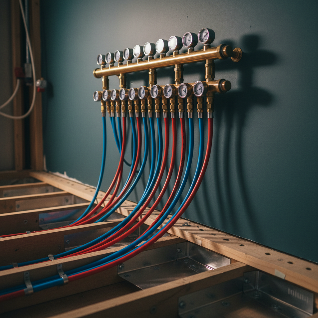 Brass radiant heating manifold with flow gauges mounted on a wall, red and blue PEX loops dropping into open joist bays fitted with aluminum heat transfer plates
