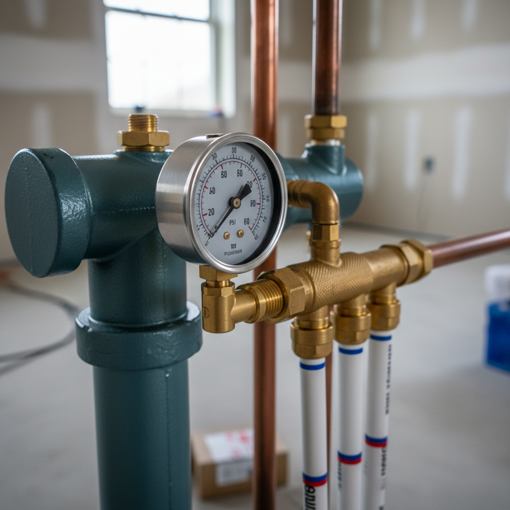 Pressure test gauge mounted on brass fittings at a radiant heating manifold connection, with PEX loop connections below
