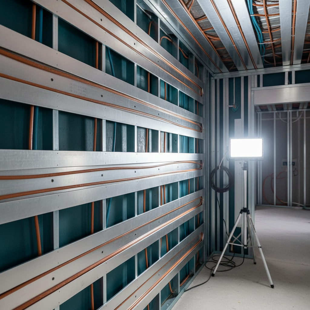 Wall framing with aluminum heat transfer plates run horizontally across the studs and PEX tubing seated in the grooves, the ceiling above plated the same way, lit by a work light