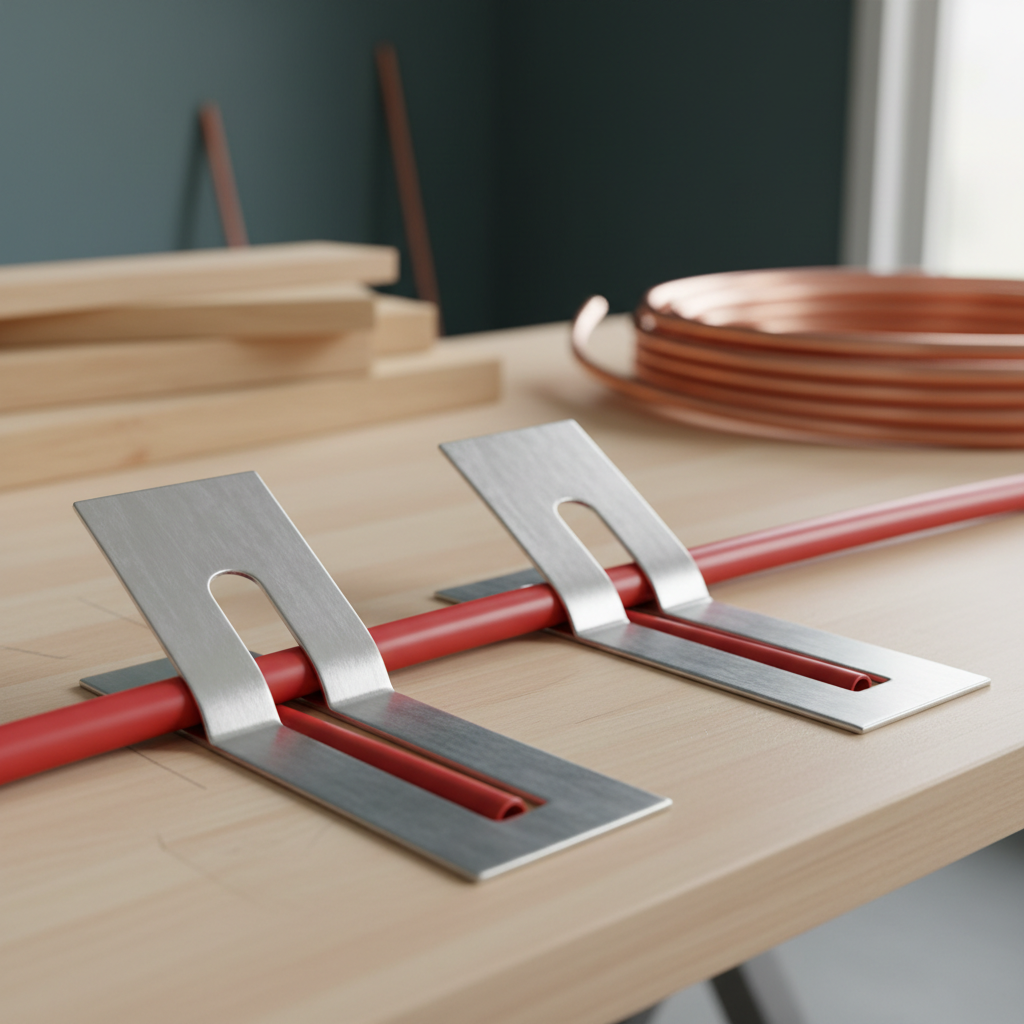 Thin stamped aluminum snap-on plates with a pressed channel clipped over red PEX tubing on a workbench, with a coil of tubing behind