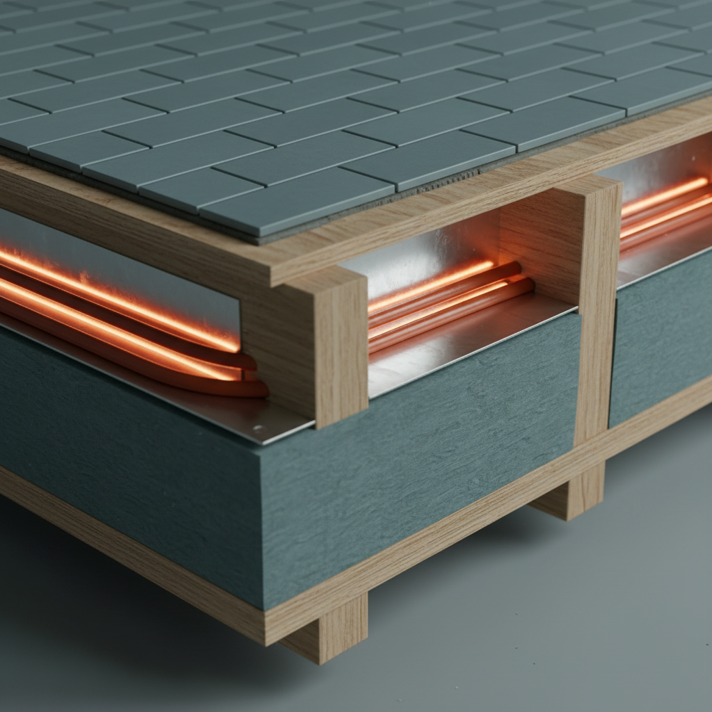 Cutaway of a wood-framed floor showing tile over a plywood subfloor, aluminum heat transfer plates with PEX tubing fastened to the underside of the subfloor between joists, and insulation below